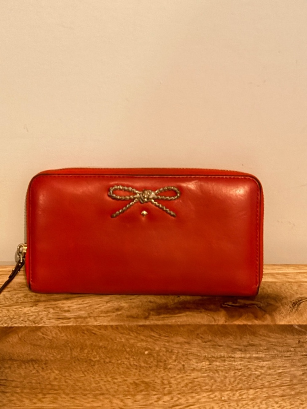 kate spade Red Leather Zip-Around Wallet with Bow Detail